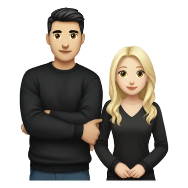 Blonde girl with blue eyes in black sweater and an east asian with light skin man with black hair and black eyes hugging sticker