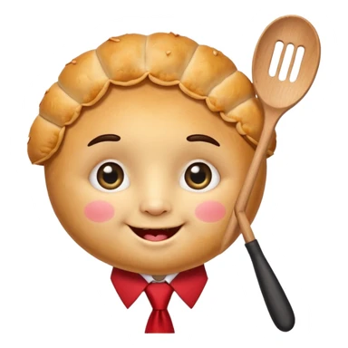 emoji style, happy fried empanada with face, big sparkling eyes, blushing cheeks, two buck teeth, red necktie, holding spatula, thick black outline, golden brown color, very cute and wholesome, transparent backgroun sticker