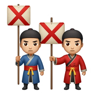 qing empire man who is of han ethnicity who looks angry that is holding a sign that has a red x on it to another man who is not han ethnicity who looks sad sticker