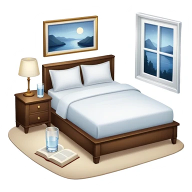 A dimly lit white bedroom. The bed is neatly made, and a glass of water sits beside a book on a cozy nightstand. Soft lighting signals a peaceful wind-down, representing the calm and control that comes from reclaiming your evenings. sticker