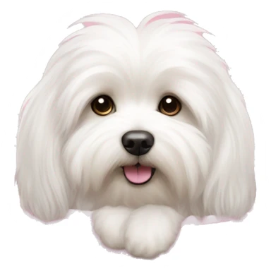 Long haired Coton de Tulear dog with pink harness and pink hair bow, sitting in a pink dog bed sticker