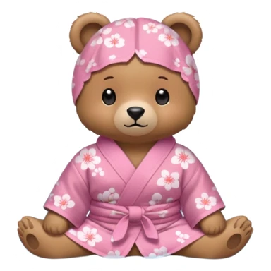 A cute light-brown bear wearing a pastel pink sakura-patterned yukata loosely, normal balanced body ratio.  
Relaxing in a warm hot spring with steam around, a small towel on the head, peaceful happy expression.  simple scenic background with rocks. sticker