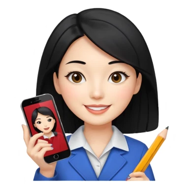 a korean cosmetics marketing expert women with black hair, holding pencil and phone sticker