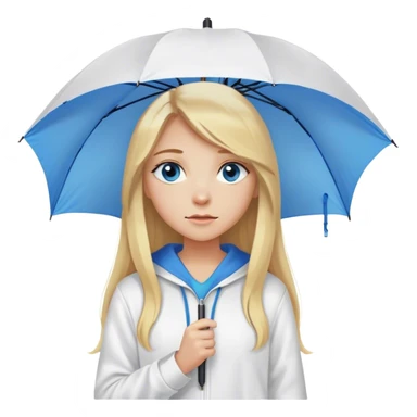 Cinematic realistic emojis in the form of a blonde girl with long hair, blue eyes, wearing a white hoodie, holding an umbrella over her sticker