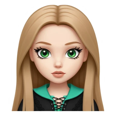 pretty bratz girl, long straight light brown hair, jade green eyes, black eyeliner, pale skin, dark black feminine clothes with laces sticker