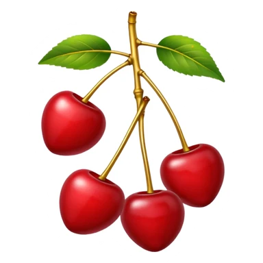 Two cherries with golden stems connected, paired with dark green leaves sticker