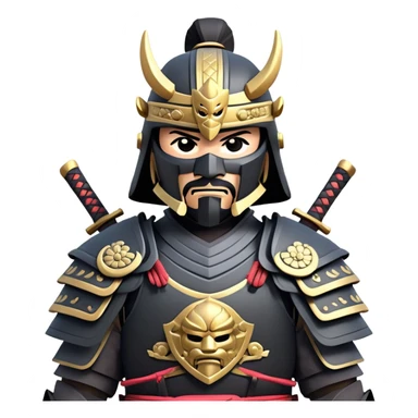 clash-of-clans-aesthetic_-cinematic-fearsome-and-majestic-samurai-bust-portrait-emoji, rendered in a flat, vector-style with minimal shading and bold, simplified shapes typical of emoji art, depicting a battle-hardened samurai with black mask and traditional black Japanese armor. The samurai is riding a noble grey warhorse adorned with an intricately designed saddle and fluttering banners and a rising sun. a samurai on a   horse sticker