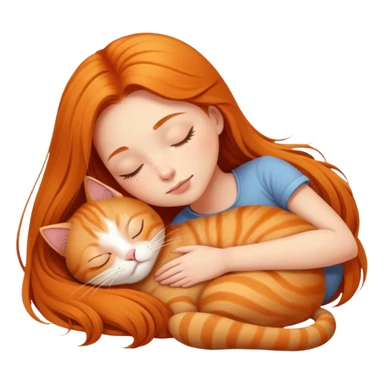 Generate a picture of a beautiful girl with long hair sleeping with a ginger cat sticker