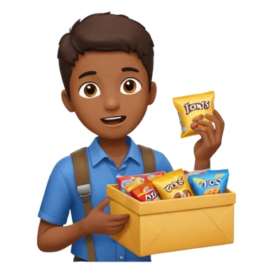 A young vendor boy with a snacks box strapped to his chest, calling out loudly. sticker