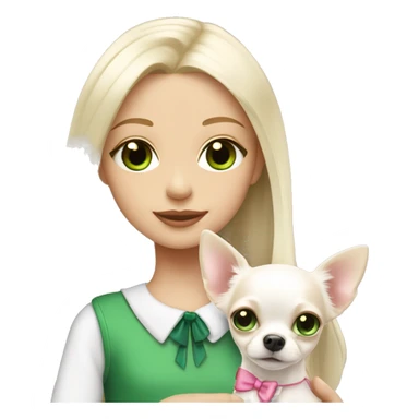 pale blond girl with long platinum hair with green eyes holding a white chihuahua puppy that wearing a pink bow sticker