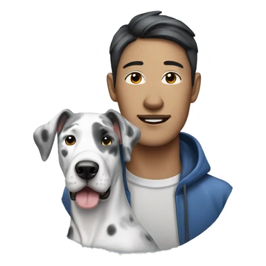 Asian man next to blue Merle great dane sticker