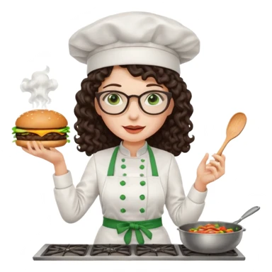 A female chef with glasses, dark brown long curly hair, White skin,Green eyes and cooking a burger sticker