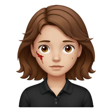 crie uma garota com ferimentos cabelo ondulado 2c castanho e blusa polo básica preta sticker