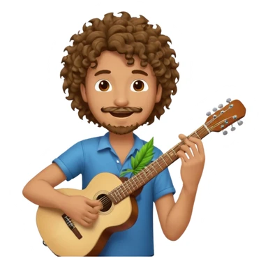 Generate a dude with curly hair and a shitty goatee who is high on marijuana playing the guitar and twisting a strand of his hair sticker