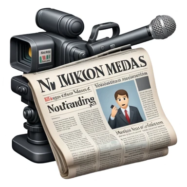 An icon featuring a microphone, a newspaper, a professional camera Nikon D5, representing journalism and mass media. The design includes headlines and imagery, symbolizing the spread of news and information. Transparent background highlights the power of communication and media. sticker