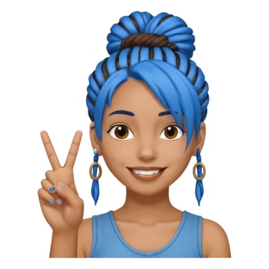 brown girl with blue dreads in a bun, giving peace sign with middle finger sticker
