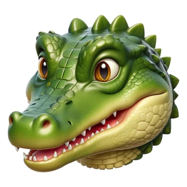 Cinematic Realistic Cute Crocodile Portrait Emoji, Head tilted playfully and inquisitively, featuring a robust, well-defined build with intricately detailed, glossy olive-green scales and a surprisingly endearing face with round, sparkling eyes full of unexpected charm, rendered with lifelike texture and natural highlights, high shine, affectionate and spirited, styled with a touch of wild whimsy, soft glowing outline, capturing the essence of a mischievous yet lovable crocodile that seems poised to snap playfully out of the screen into your arms! sticker