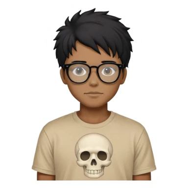 black anime hair guy with skeleton makeup wearing a stussy tshirt with glasses sticker