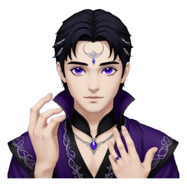 A strikingly handsome High Fae male with midnight-black hair, piercing violet eyes that glow under the moonlight. His lips curve into a knowing smirk, revealing a dangerous charm. He wears an elegant black tunic with silver embroidery, the fabric flowing like liquid shadow. A silver ring glints on his long fingers, and faint wisps of darkness swirl around his shoulders like living mist sticker