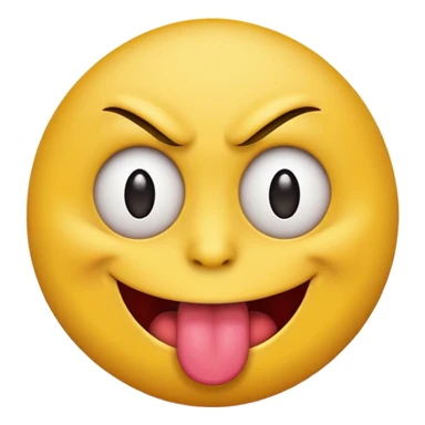 A yellow round face emoji smirking with its tounge out but the eyes are evil and kind of crazy and one eyebrow is raised in a suggestive way sticker