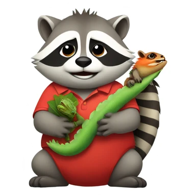 Chubby raccoon wearing a red polo and holding an iguana sticker