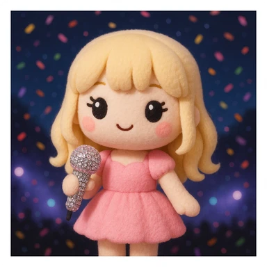 Pretty and girly Blonde pop star with bangs, holding a bedazzled microphone, reimagined as a soft kawaii plushie doll, with a nighttime concert backdrop with colorful confetti sticker