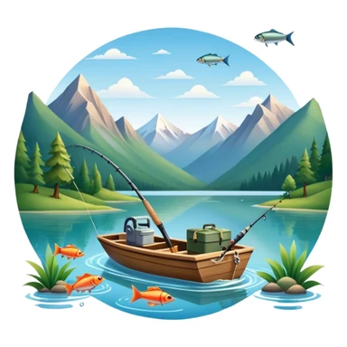 Icon for Fishing Travel: a boat on a calm lake surrounded by mountains and lush greenery, with fish jumping out of the water, a fishing rod, tackle box. The icon should capture the peaceful and adventurous nature of fishing trips. Transparent background. sticker