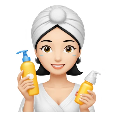 female character with black hair wearing white towel turban, holding sunscreen bottle labeled SPF 50, applying sunscreen to cheek sticker