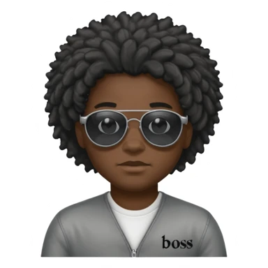 Un garçon,de couleur noir avec des lunettes de soleil grise,il a des cheveux crépus et au dessus de sa tete il est écrit BOUSS  sans qu’on voit ses yeux sticker