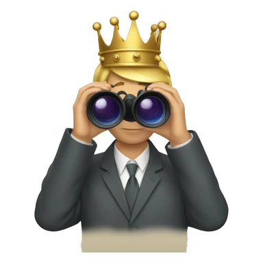 a man holding and looking through binoculars with crown sticker