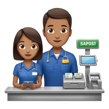 Supermarket employee at a cash register, full body, serving a man sticker