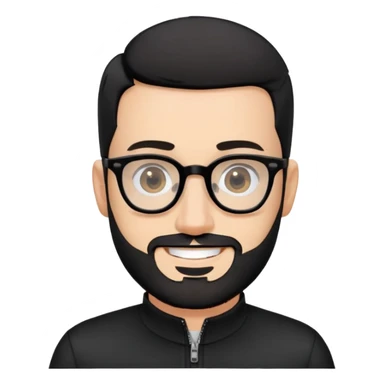 Fair-skinned man with almost buzz cut black hair (extremely short but not completely shaved), short salt and pepper beard, large black-framed glasses, smiling, wearing black long sleeve zip shirt at neck sticker