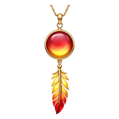 glowing ruby pendant shaped like a phoenix feather, red-yellow gradient, chain suspended midair with rebirth aura sticker