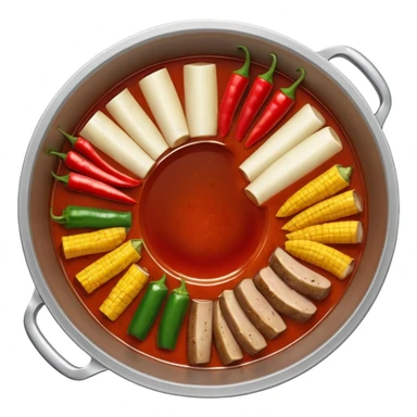 A hot pot emoji in top-down view. The pot is divided into two sections: one with spicy red broth filled with chili peppers, and one with mild white broth. Surround the pot with rolled slices of meat, vegetables, and mushrooms. sticker