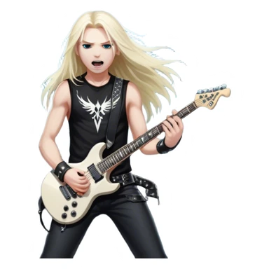 Icon for Heavy Metal: a metal band on stage, with electric guitars, drums, and a powerful vocalist. The atmosphere is intense with flashing lights, music notes, and a crowd of fans. The design should capture the energy and power of a live heavy metal performance. Transparent background. sticker