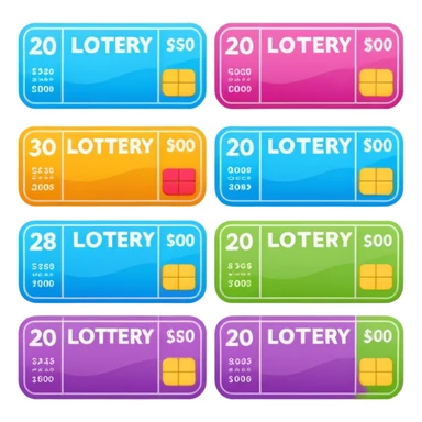 Create blank lottery coupons fanned out, clean and colorful, with different header colors and simple grid sections. No numbers, no text—just empty fields and a lottery-ticket layout. Bright, modern, and on a neutral background. sticker