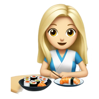 Blonde white girl with blue eyes eating sushi with friends sitting in a table sticker