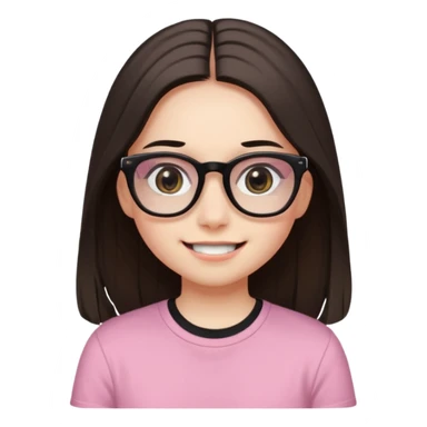 The girl with dark straight long hair, divided in the middle hairstyle, white skin, black eyes, wearing black shirt and tortoise framed glasses. The mounth is light old pink, smile with no teeth. sticker