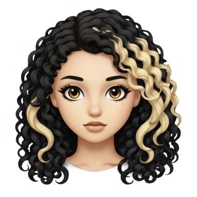 split dye leftside blonde rightside black-brown hair, baddie, pretty makeup, black eyeliner, long and curly hair sticker