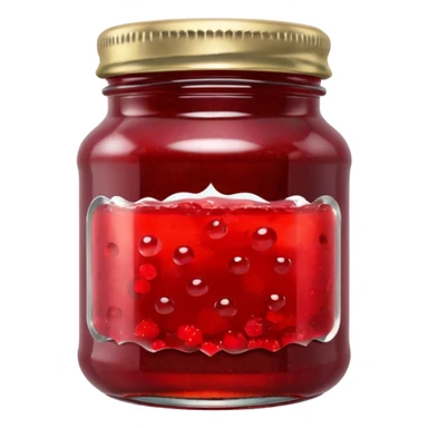 small glass jar filled with vibrant red jam, thick texture with air bubbles and fruit bits, simple metallic lid, small blank label, 3D-rendered, clean, softly lit, subtle reflections on glass, soft shadows, no anthropomorphic features, transparent background, emoji scale, high clarity sticker