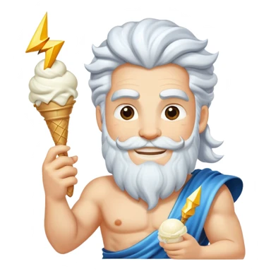 smiling Zeus with white ice cream and lightning bolt sticker