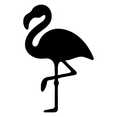 A flamingo standing on one leg with its long neck curved gracefully. The bird has a distinctive hooked beak and is shown in profile. sticker