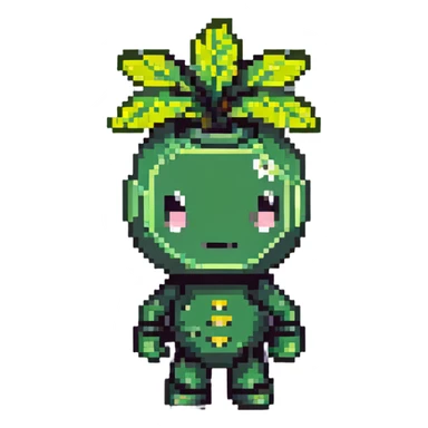 Green bomberman character, nature themed design, plant-like antenna, friendly expression, cute pixel art style sticker