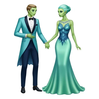 alien reptilian green skin woman, in long slim pastel blue formal party satin dress with gradient shiny sparkling navy blue diamonds embroidered , and caucasian man in black dres on his knees asks her to marry her sticker