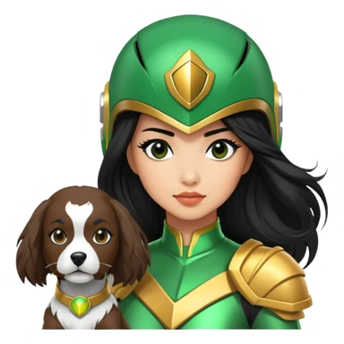 female green power ranger with wasian features, long black hair flowing from helmet, cockapoo dog at her side sticker