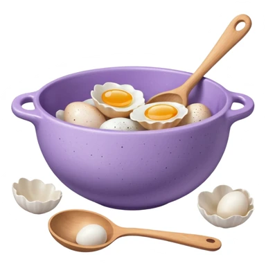 a lilac ceramic mixing bowl with a wooden spoon stirring and sitting next to it is a few eggs sticker