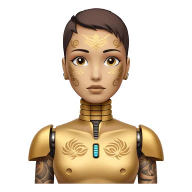 gold Tatooed robot with rada, big many tatooes on chest, neck and face, white tatoo on face sticker