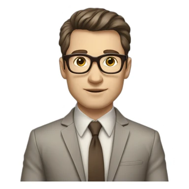 in front of a marker board Pale skinned fit man with dark brown hair in gray jacket, beige office shirt, brown tie, brown pants and vintage glasses. sticker
