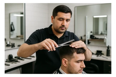 shu odamni sartaroshxonada mijozlarni sochini olayotganin  tasvirlab ber juda yosh ham katta ham bo'lmasin semiz ham bo'lib ketmasin o'smirin davrini yuzi ko'rinmasin sticker