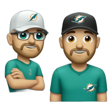white bald and bearded man wearing a black cap and a headset with a miami dolphins t-shirts sticker